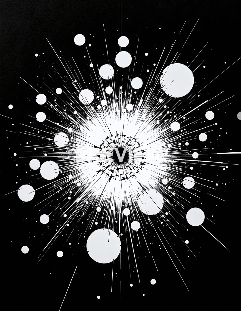 A black background with a white, abstract, explosive pattern consisting of circles, lines, and radiating elements resembling a cosmic or explosive scene.